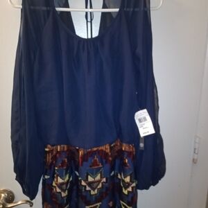 Navy Sheer Top with Multicolor Patterned Skirt